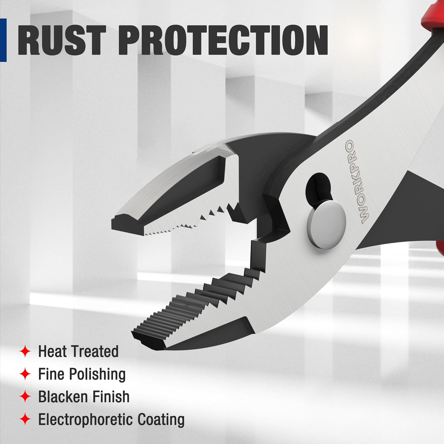 Slip joint pliers with black finish and serrated jaw teeth for rust protection