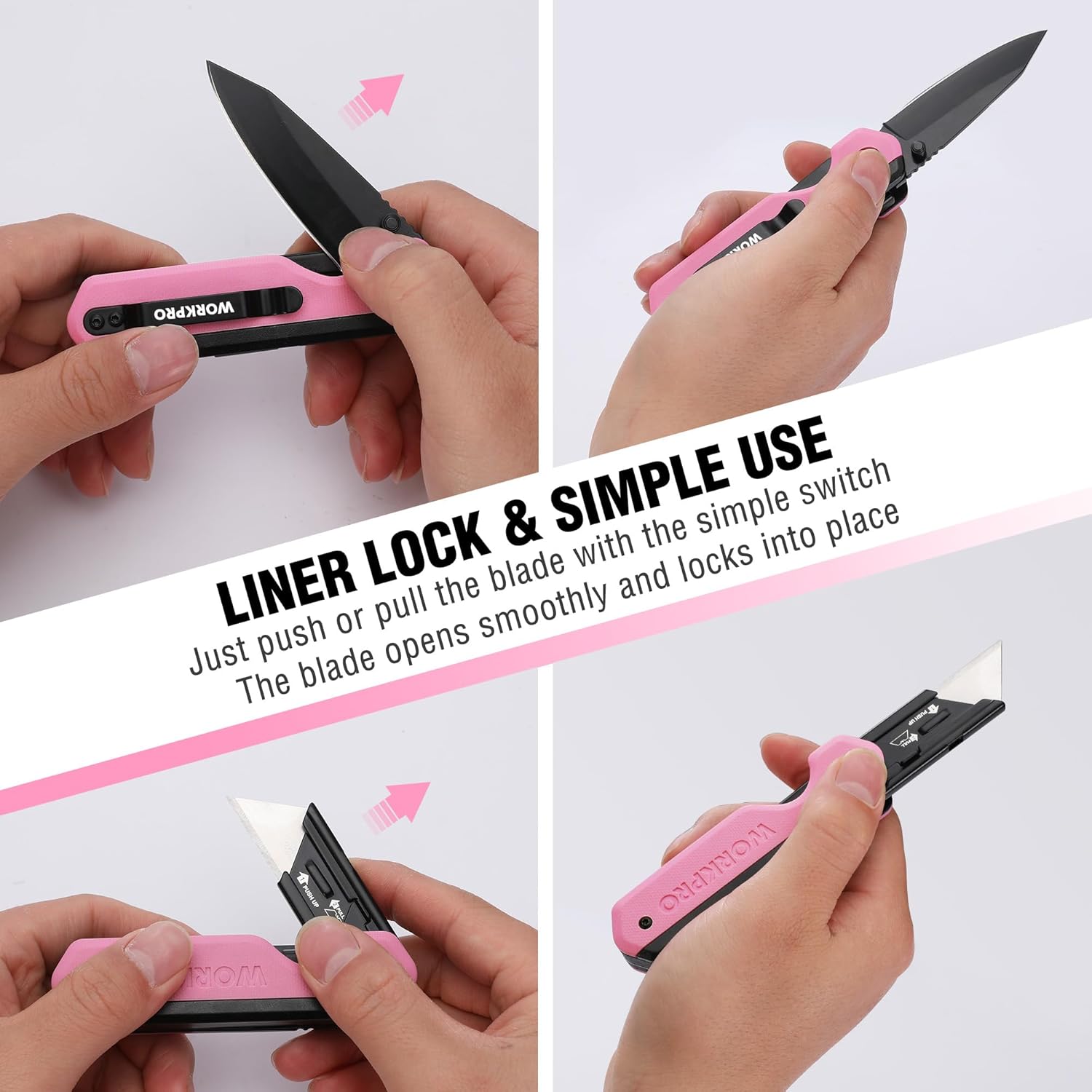 Pink folding pocket knife with black blade and liner lock, held in hands