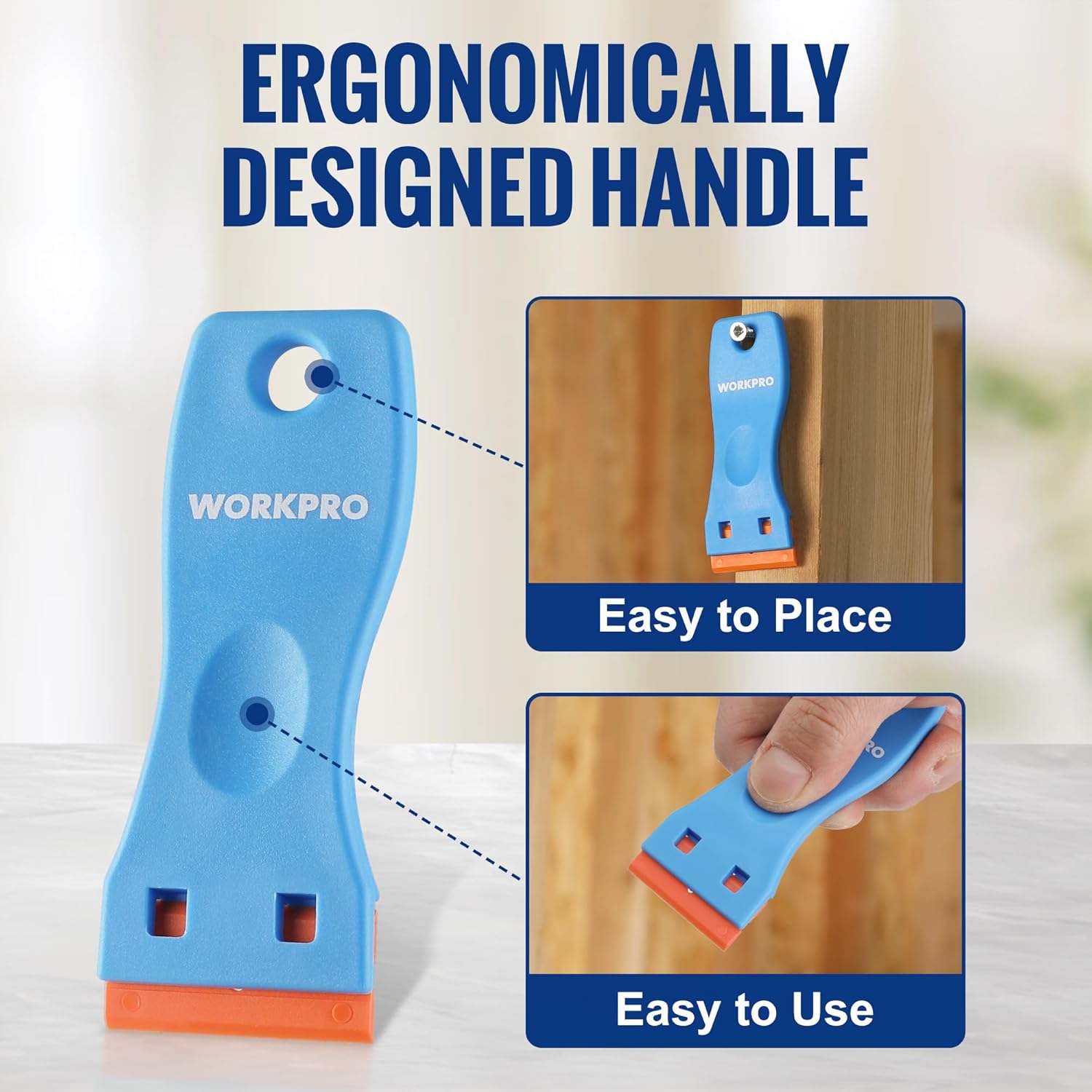 Ergonomic blue plastic razor scraper handle with easy placement feature