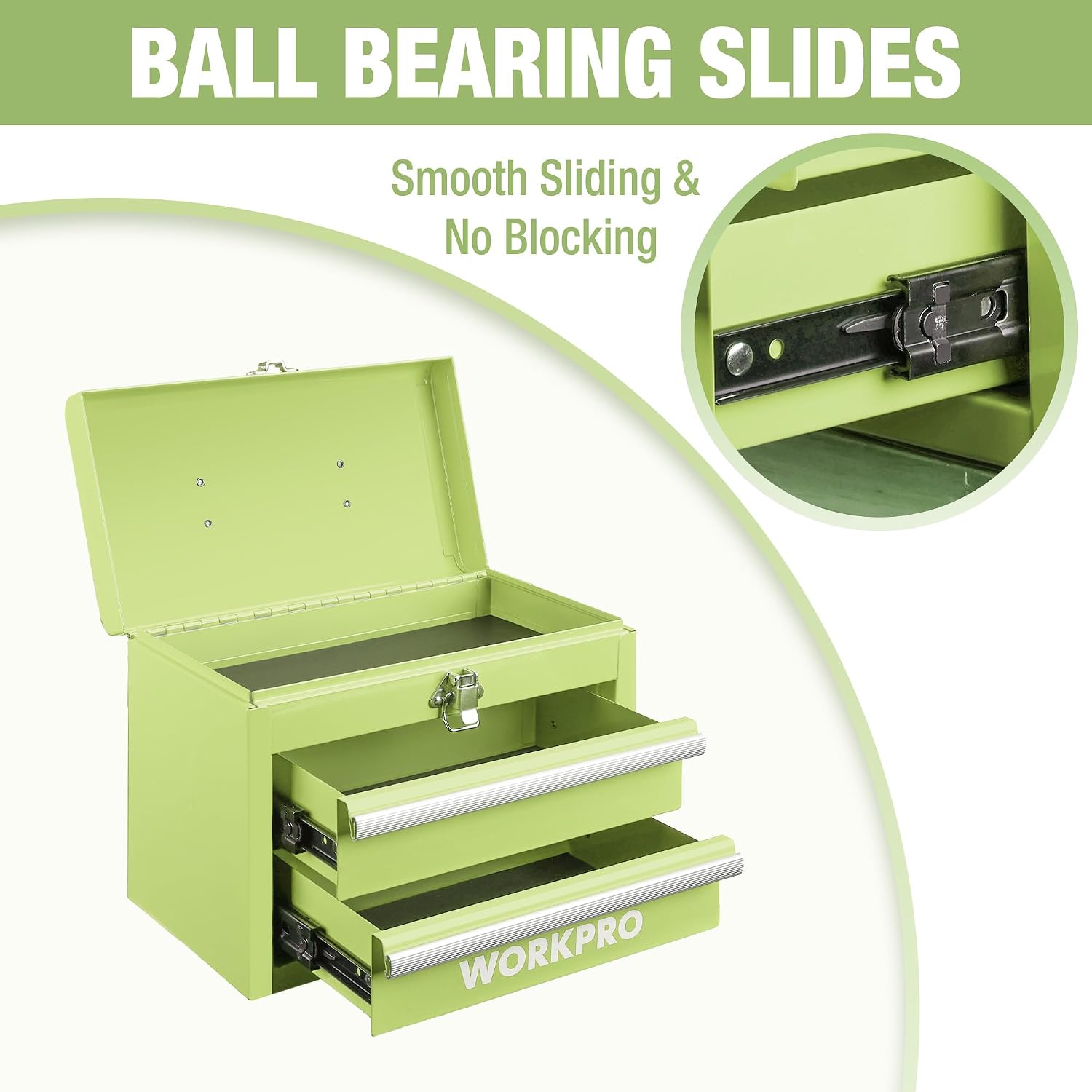 WORKPRO Portable & 12.5" Mini Metal Tool Box, Top Tool Chest Containing Two Drawers, Macaron Green