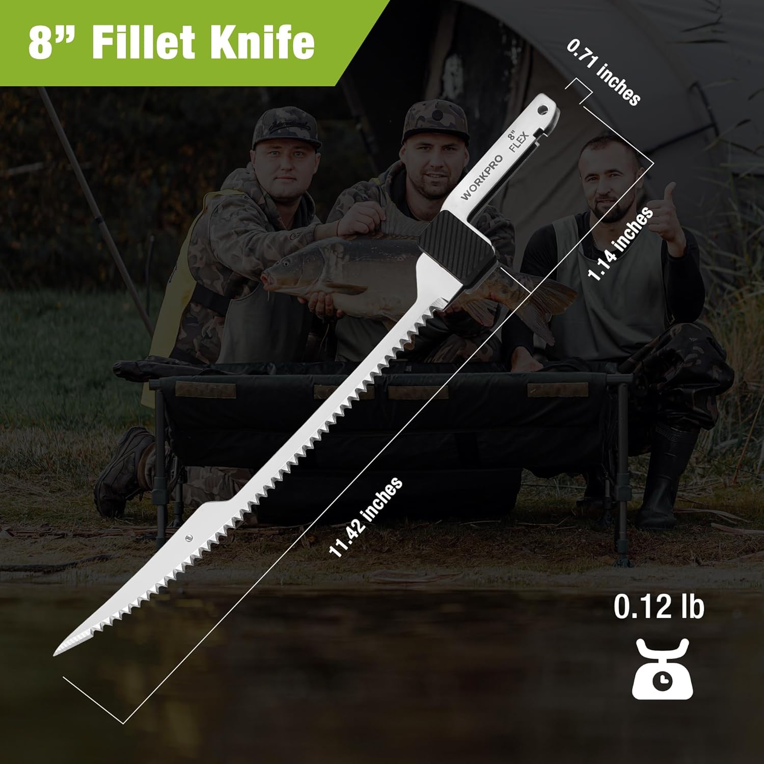 8-inch serrated fillet knife replacement blade, white body with pointed tip