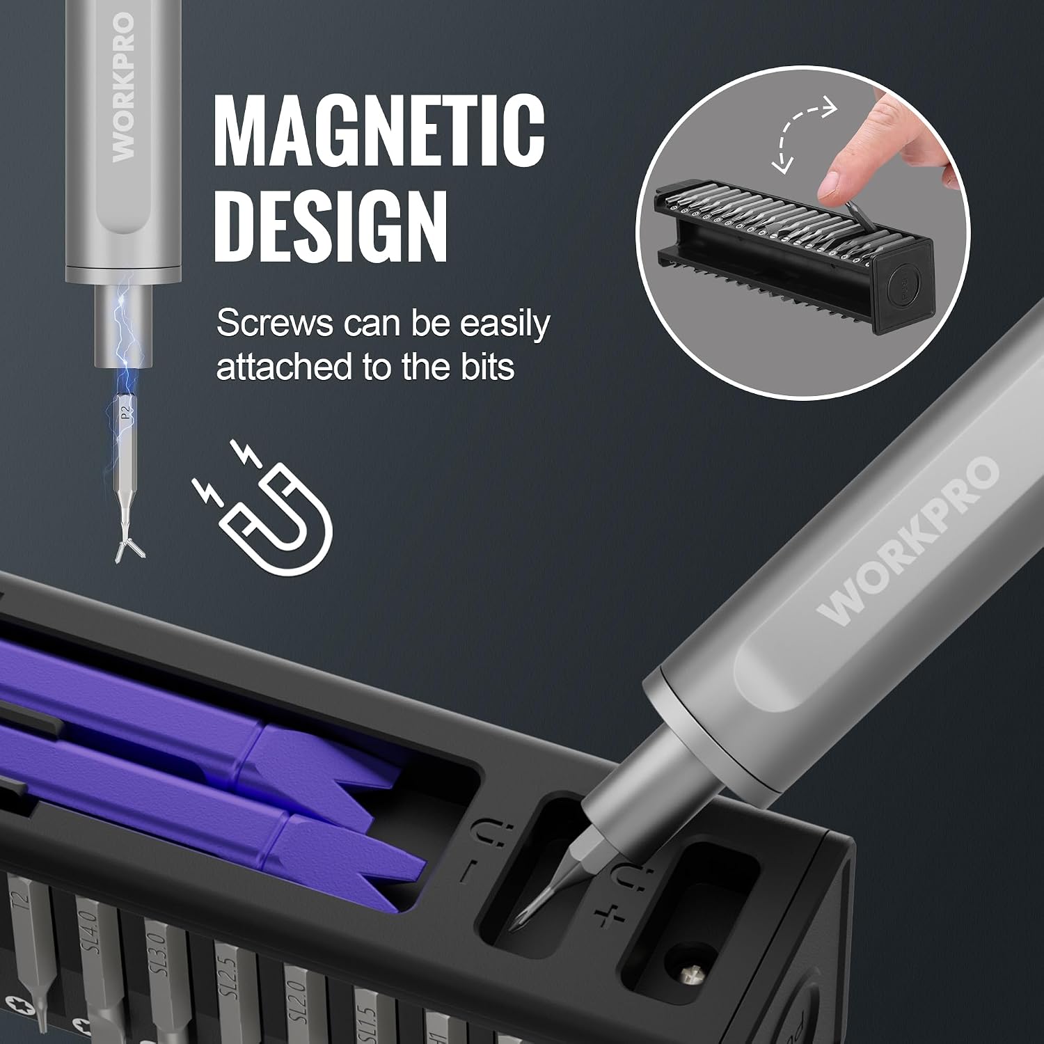 Precision screwdriver tip with magnetic bit attachment over tray with pry bars