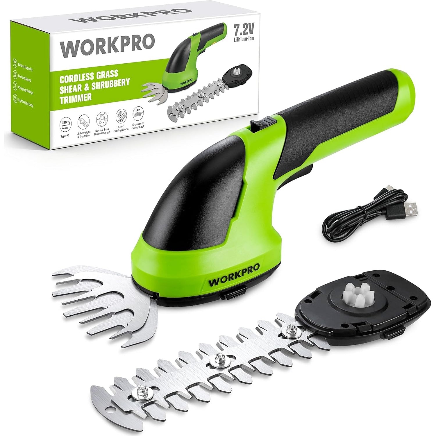 WORKPRO 2 in 1 Handheld 7.2V Electric Cordless Shrubbery Trimmer Hedge Shears/Grass Cutter, Green