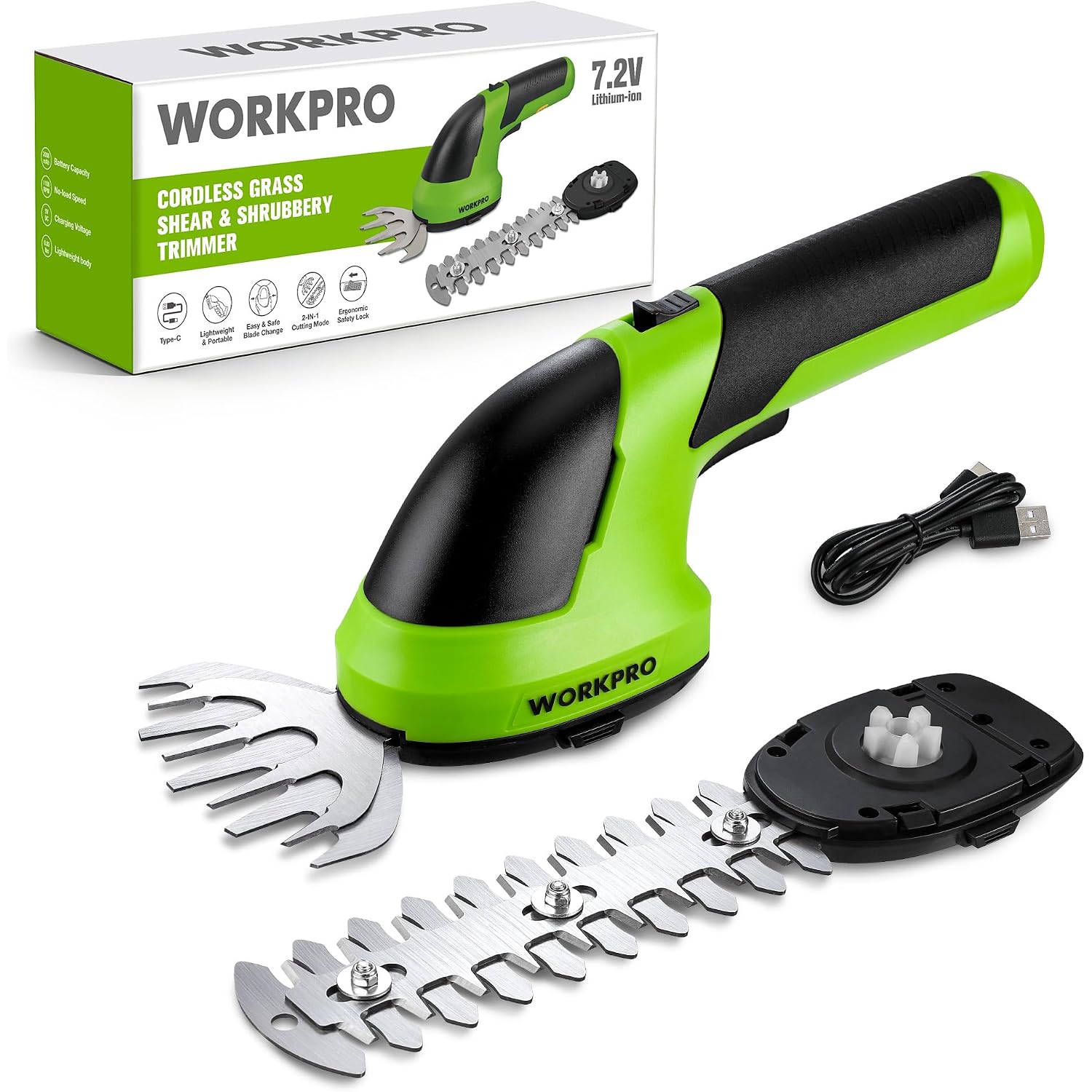 WORKPRO Cordless Grass Shear & Shrubbery Trimmer - 2 in 1 Handheld 7.2V Electric Grass Trimmer Hedge Shears/Grass Cutter Rechargeable Lithium-Ion Battery and Type-C Cable Included