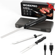 Cordless electric carving knife set with storage case, blades, fork, and charging cable