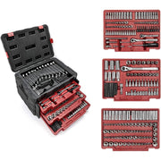 Mechanics tool set in a red-lined case with sockets, ratchet, and extensions