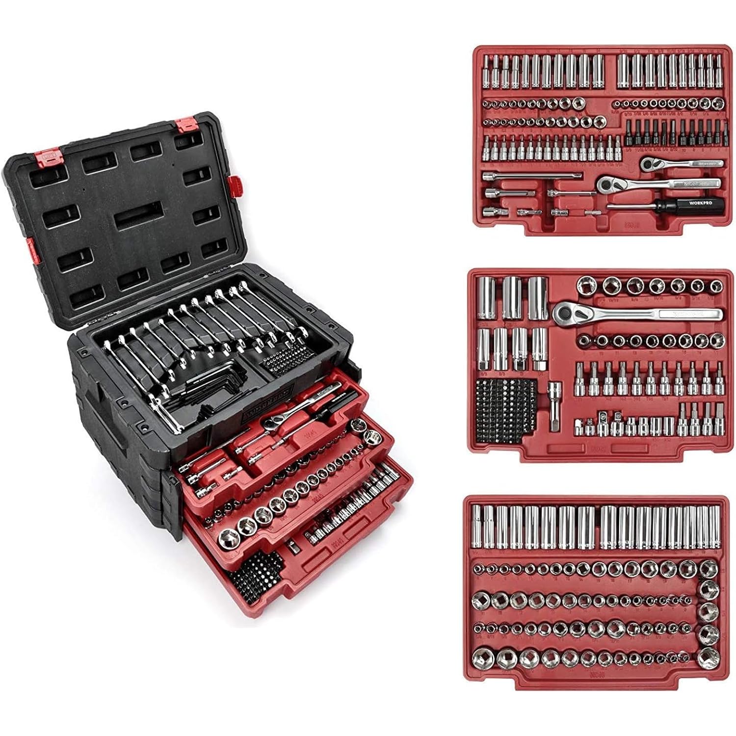 Mechanics tool set in a red-lined case with sockets, ratchet, and extensions