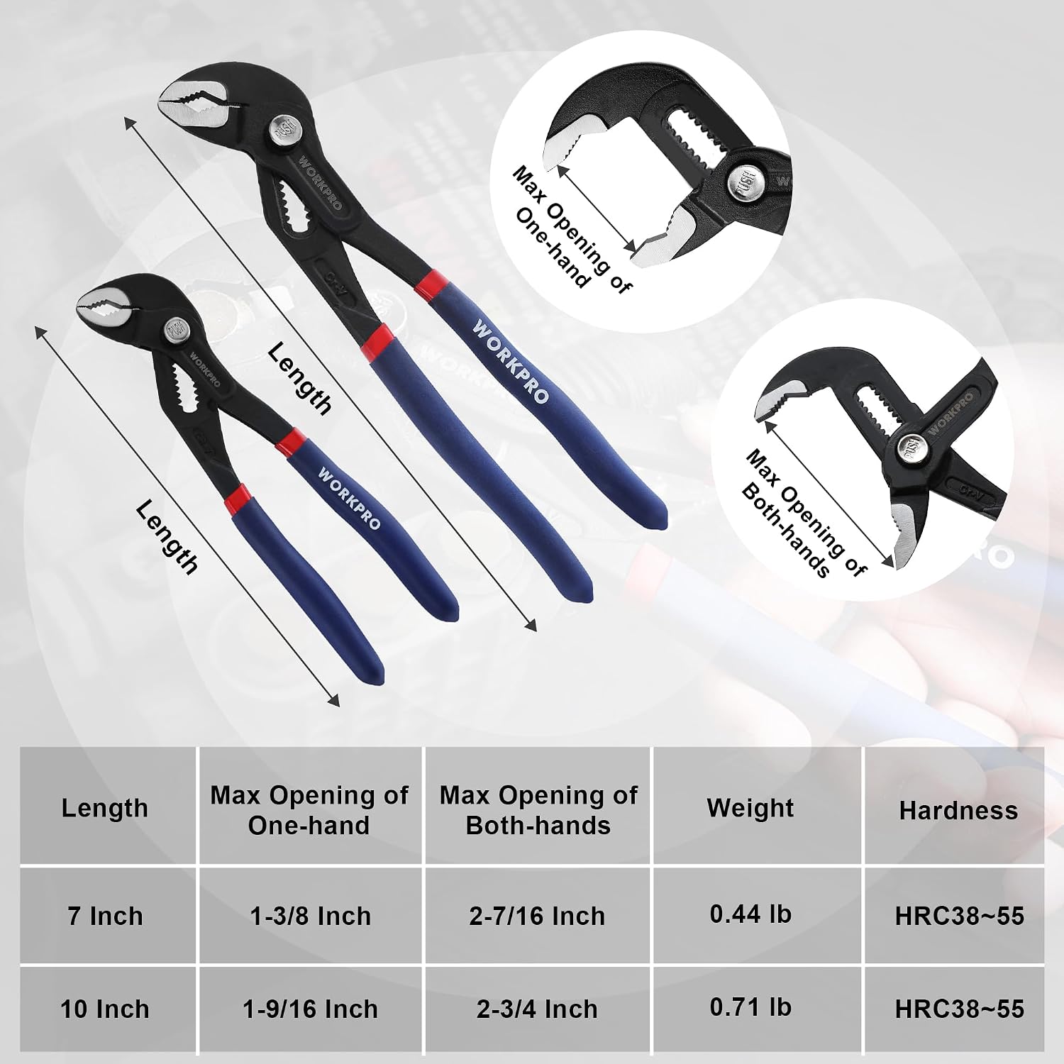 Set of two adjustable groove joint pliers with blue grips and red accents