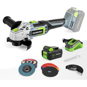 Cordless angle grinder kit with battery pack, charger, discs and safety guard