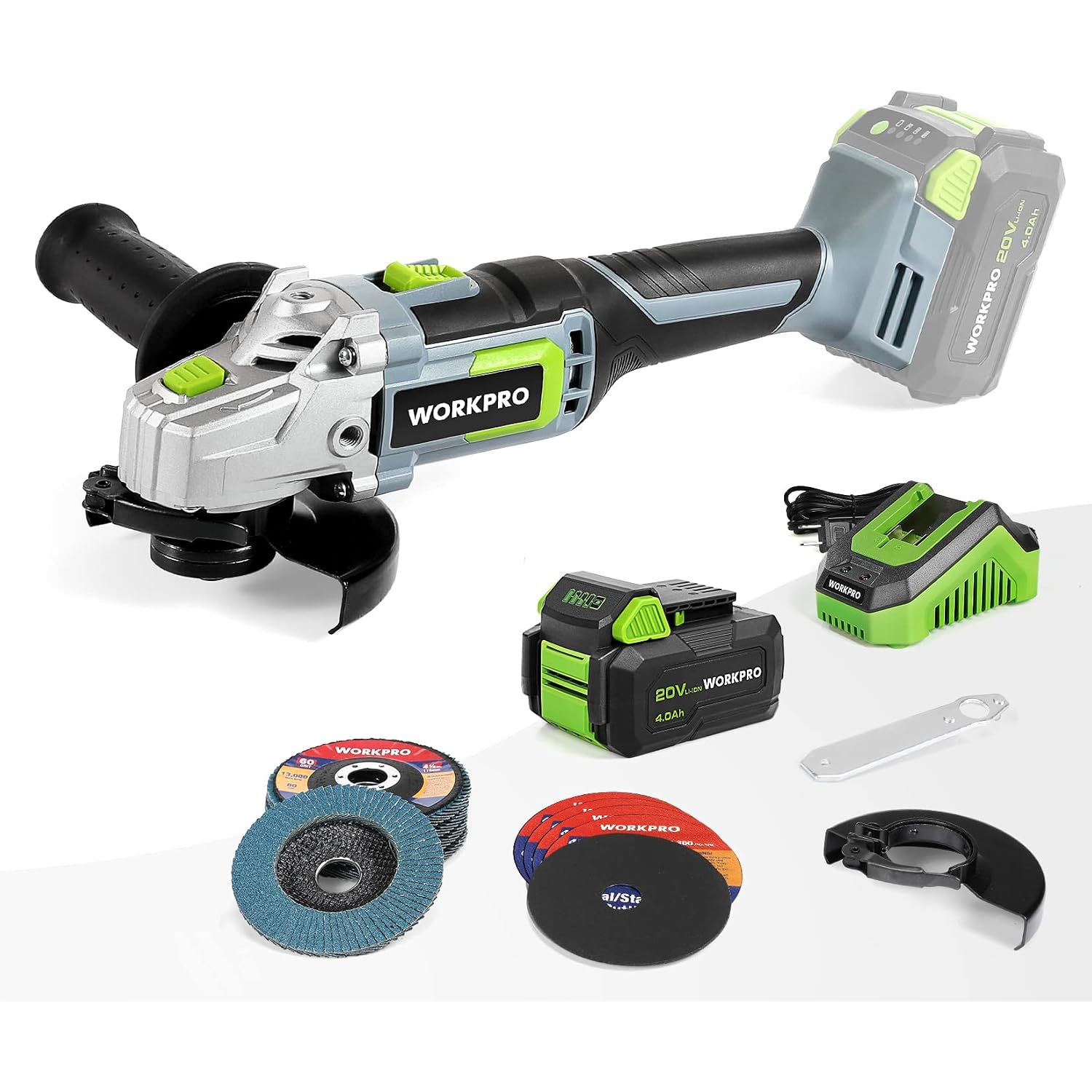 Cordless angle grinder kit with battery pack, charger, discs and safety guard