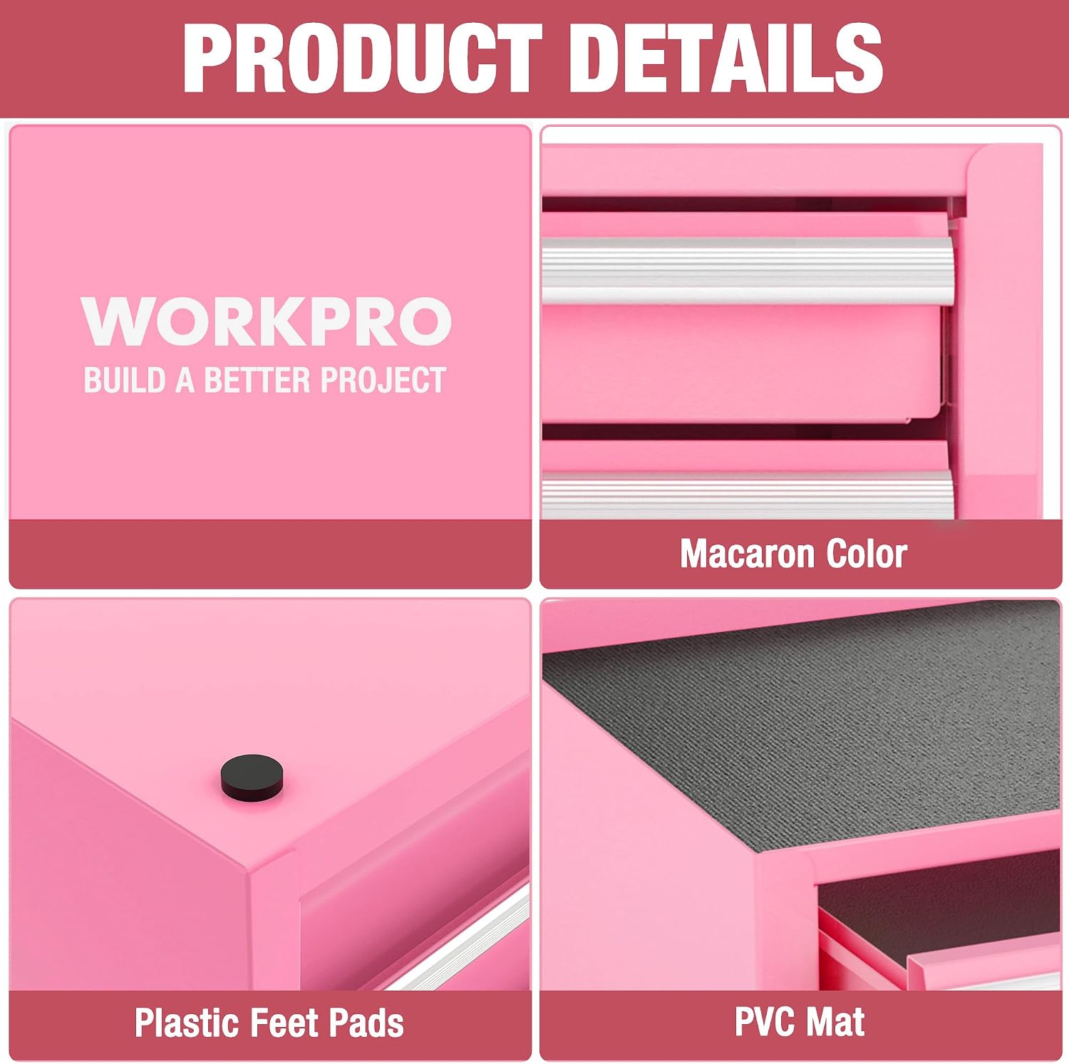 Pink mini tool box with open storage, drawer liners, and gray PVC mat