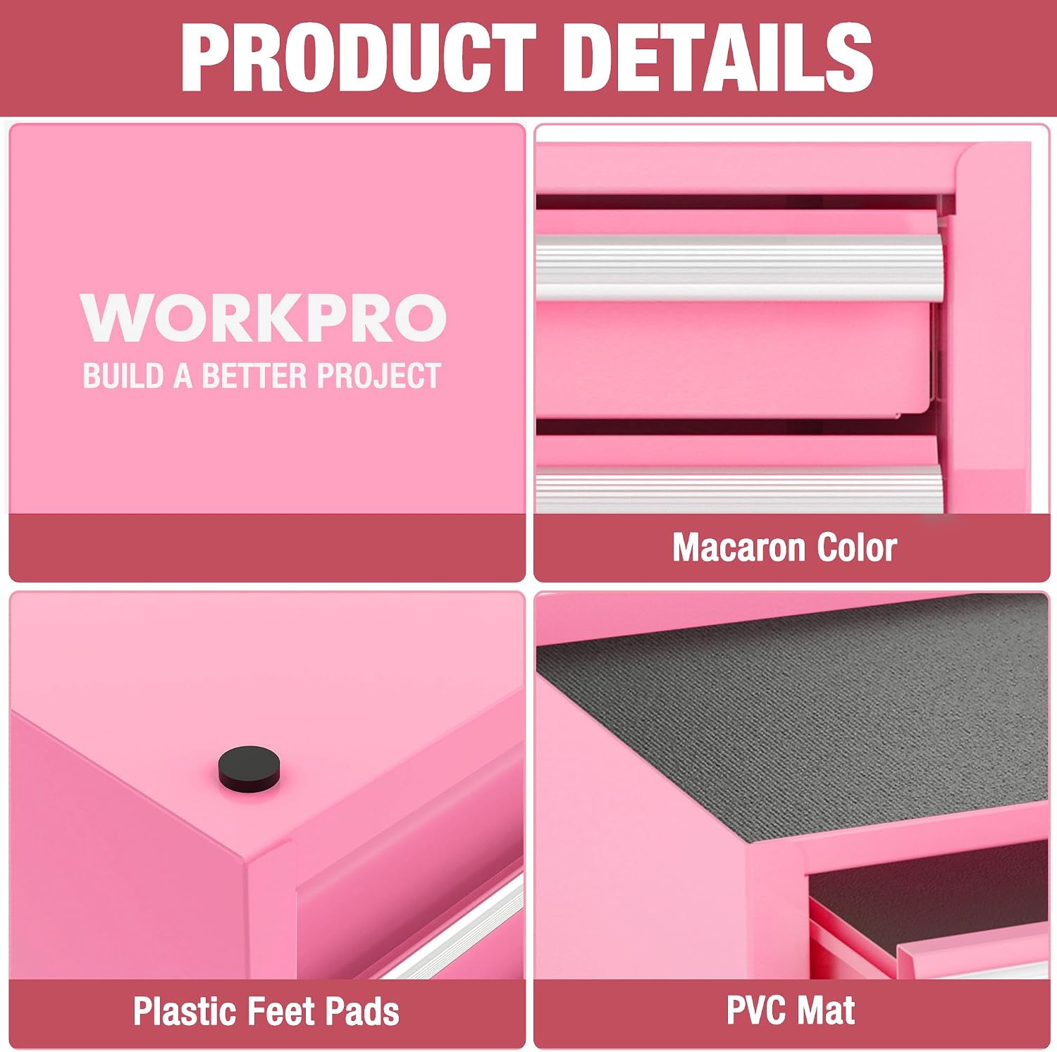 WORKPRO Portable & 12.5" Mini Metal Tool Box, Top Tool Chest Containing Two Drawers - Pink Ribbon