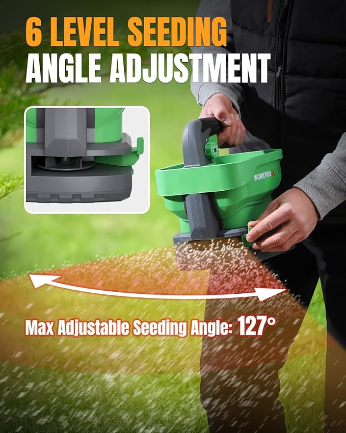 Handheld seed spreader with adjustable seeding angle hopper mechanism