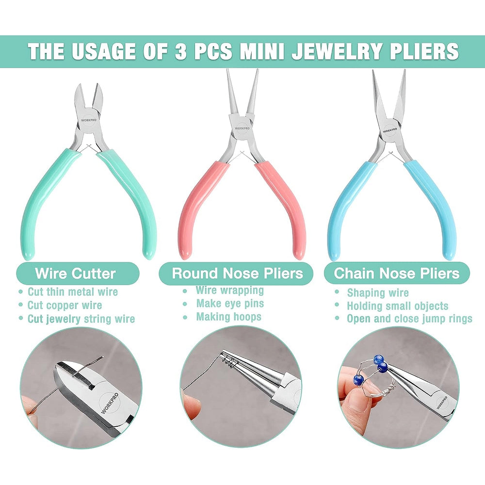 3 mini jewelry pliers: wire cutter, round nose, chain nose with turquoise and pink handles