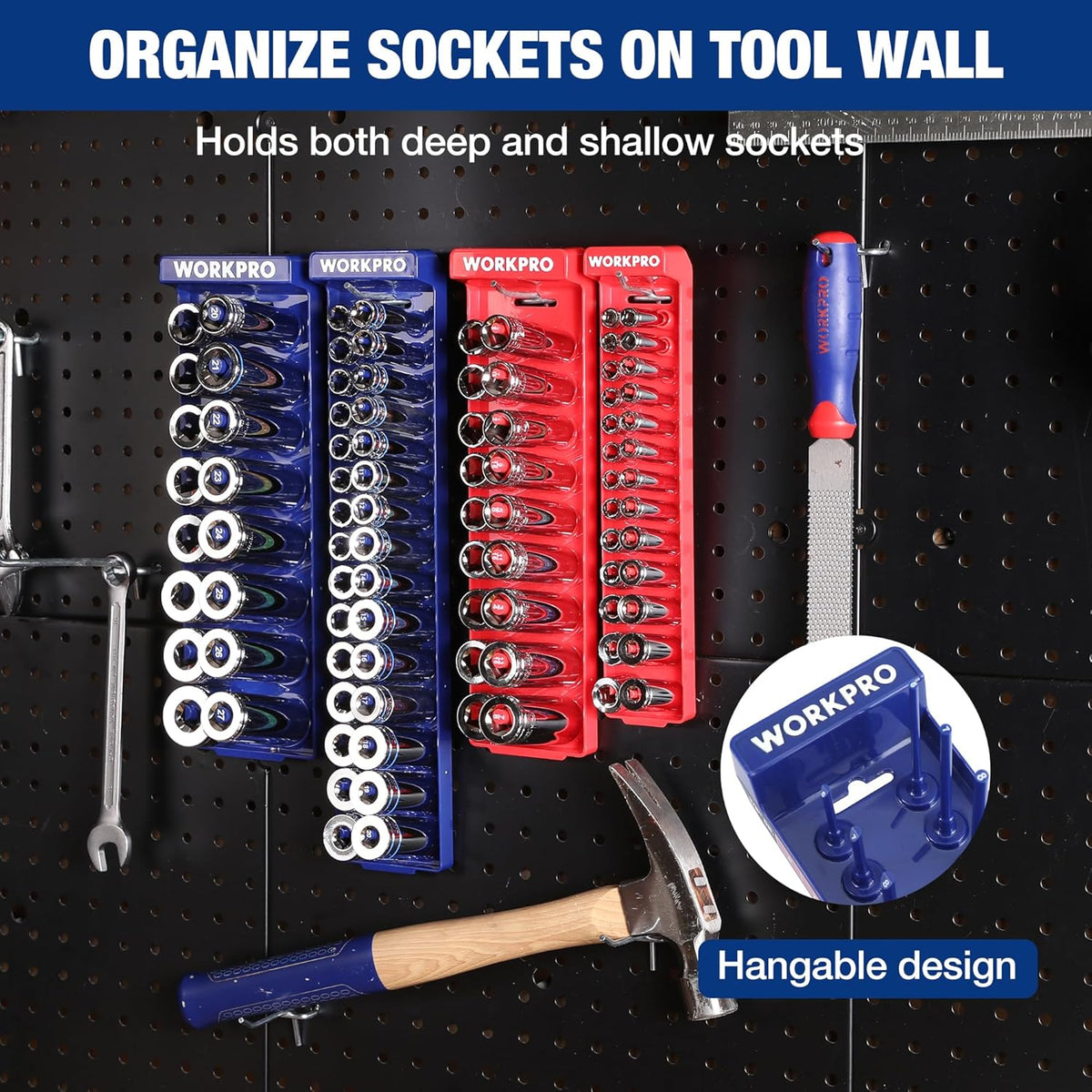 Wall-mount socket organizer set with blue and red trays and hanging design feature