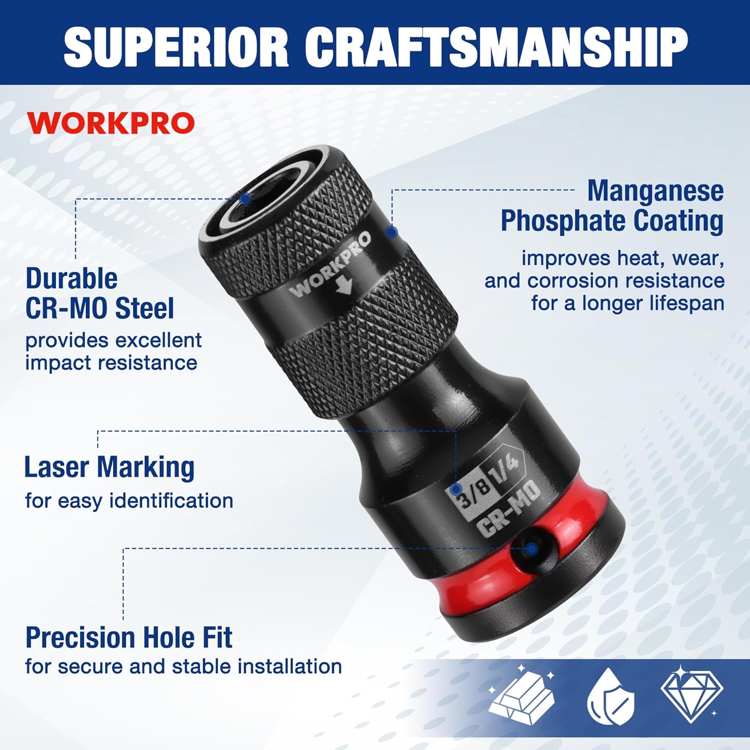 Impact socket adapter with black knurled grip, red ring, and CR-MO marking on 3/8-in end
