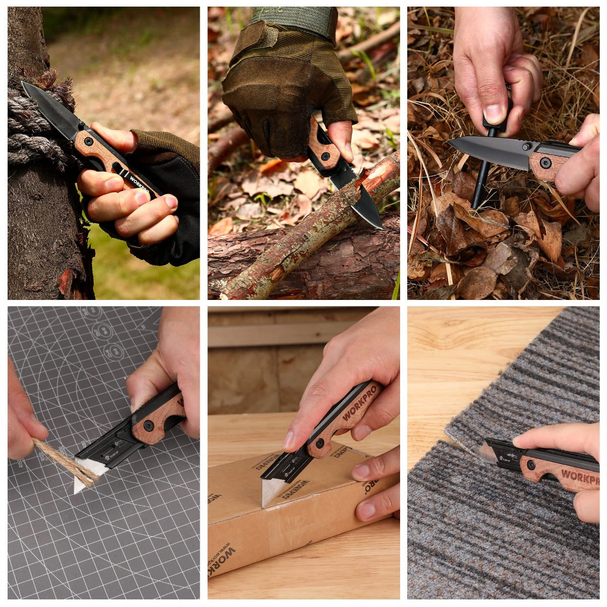 Folding utility knife held in hand with wood handle and extended blade