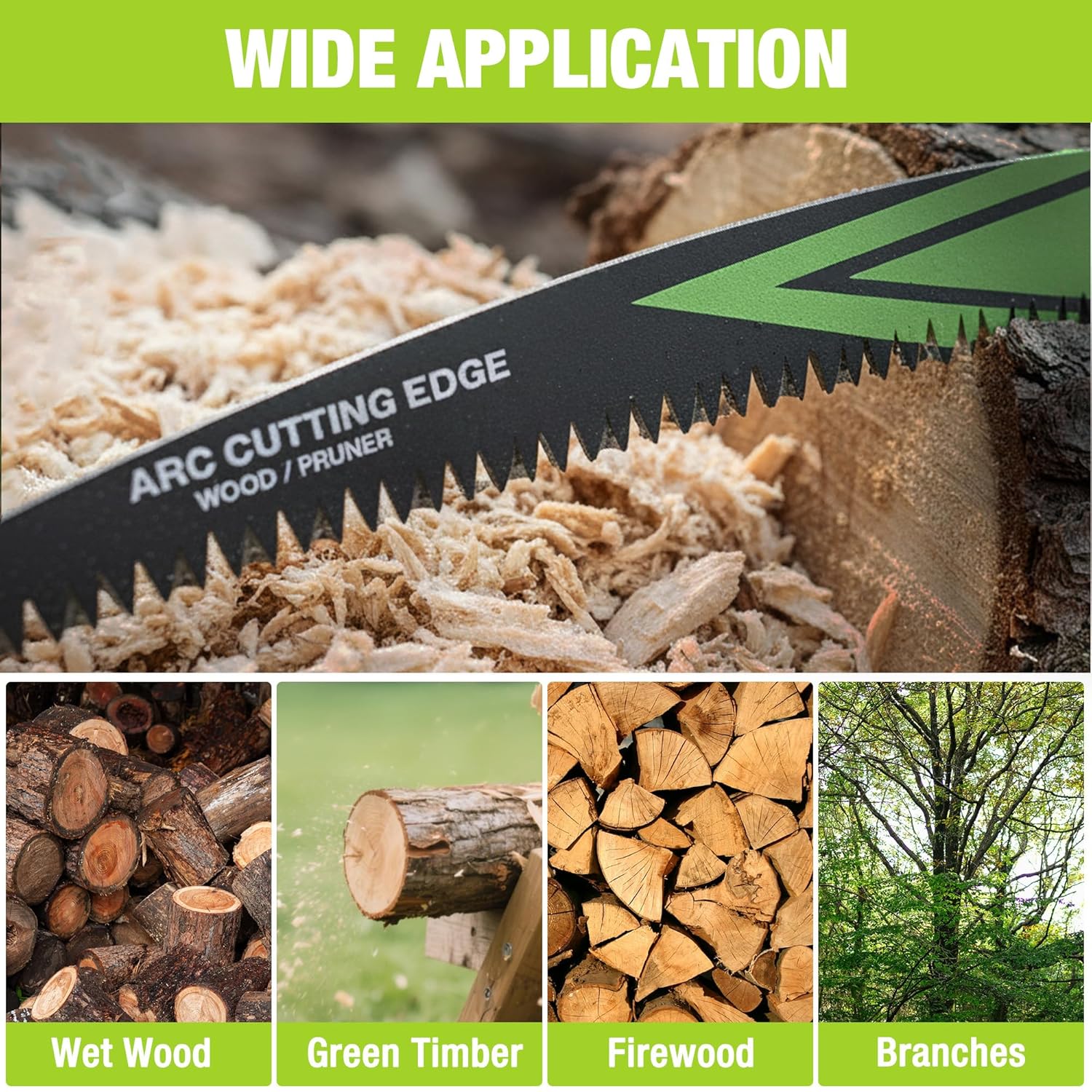 WORKPRO arc-edge wood/pruning blade, green and black serrations on sawdust