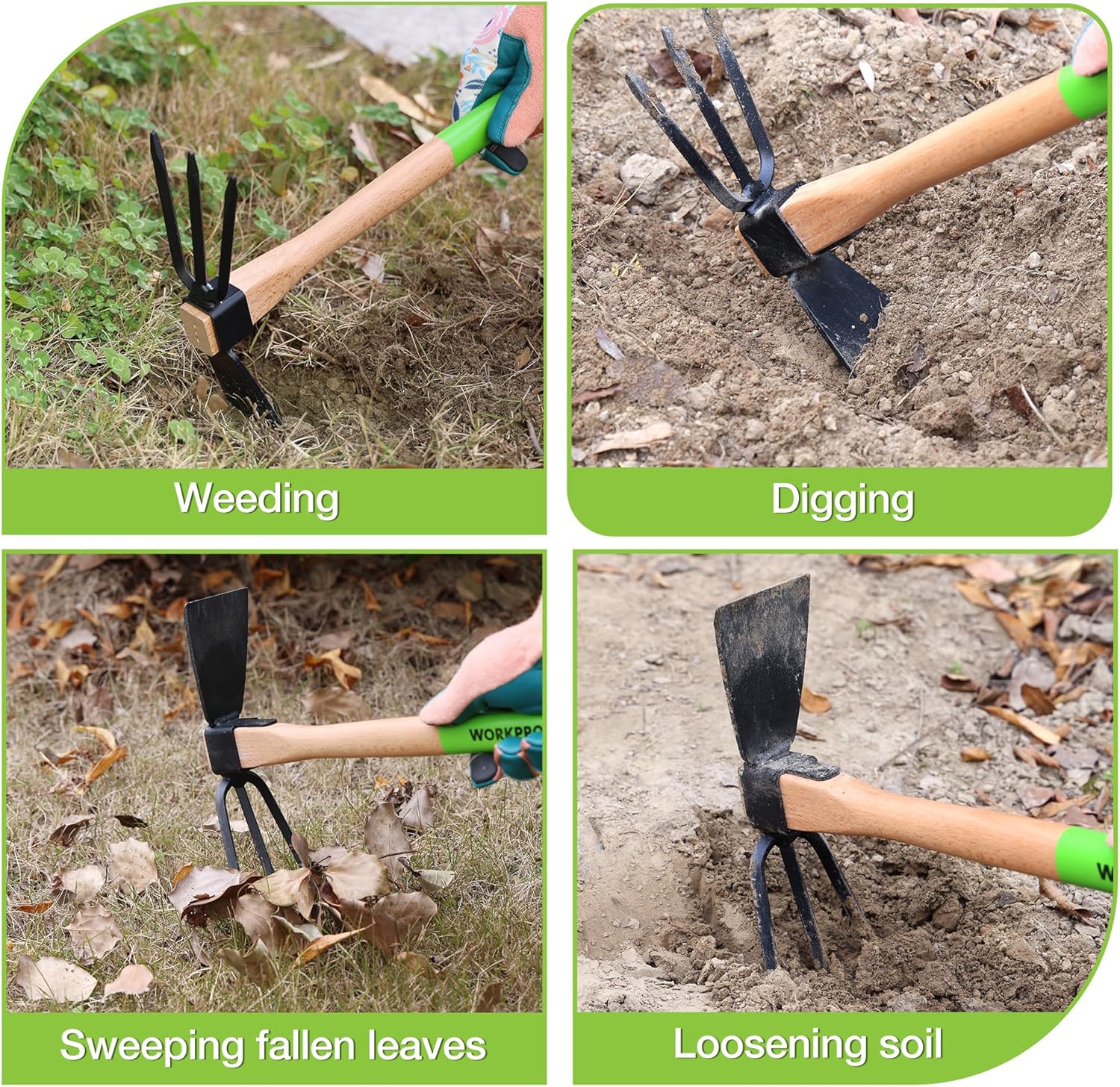 Garden hoe and cultivator with wooden handle and black head, shown for weeding and digging
