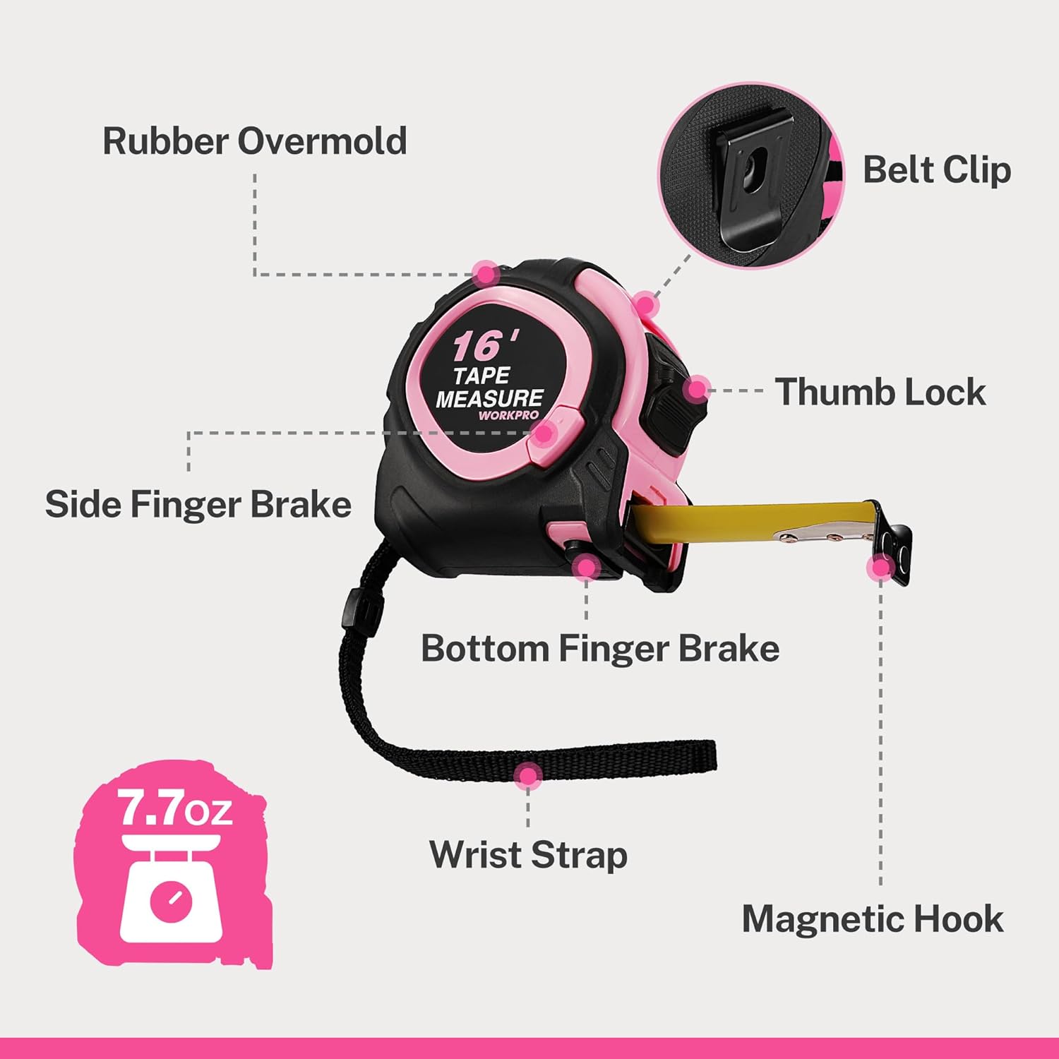 Pink and black tape measure with belt clip, thumb lock, wrist strap, and magnetic hook