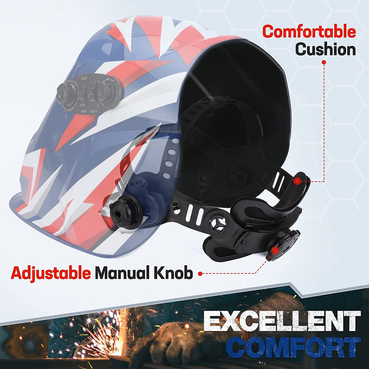 WORKPRO Welding Helmet 4 Arc Sensors in blue and red with innovation quality PP plastic shell and secure fit