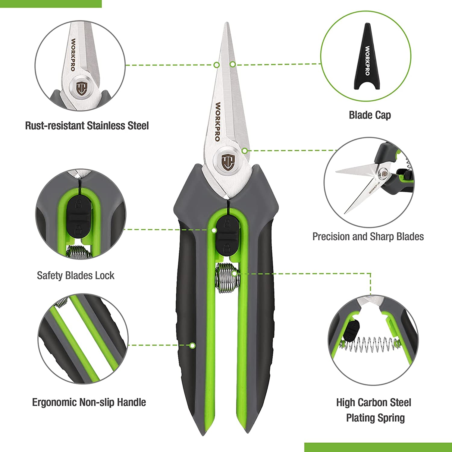 Pruning shears cutaway: rust-resistant stainless blades, safety lock, blade cap and spring