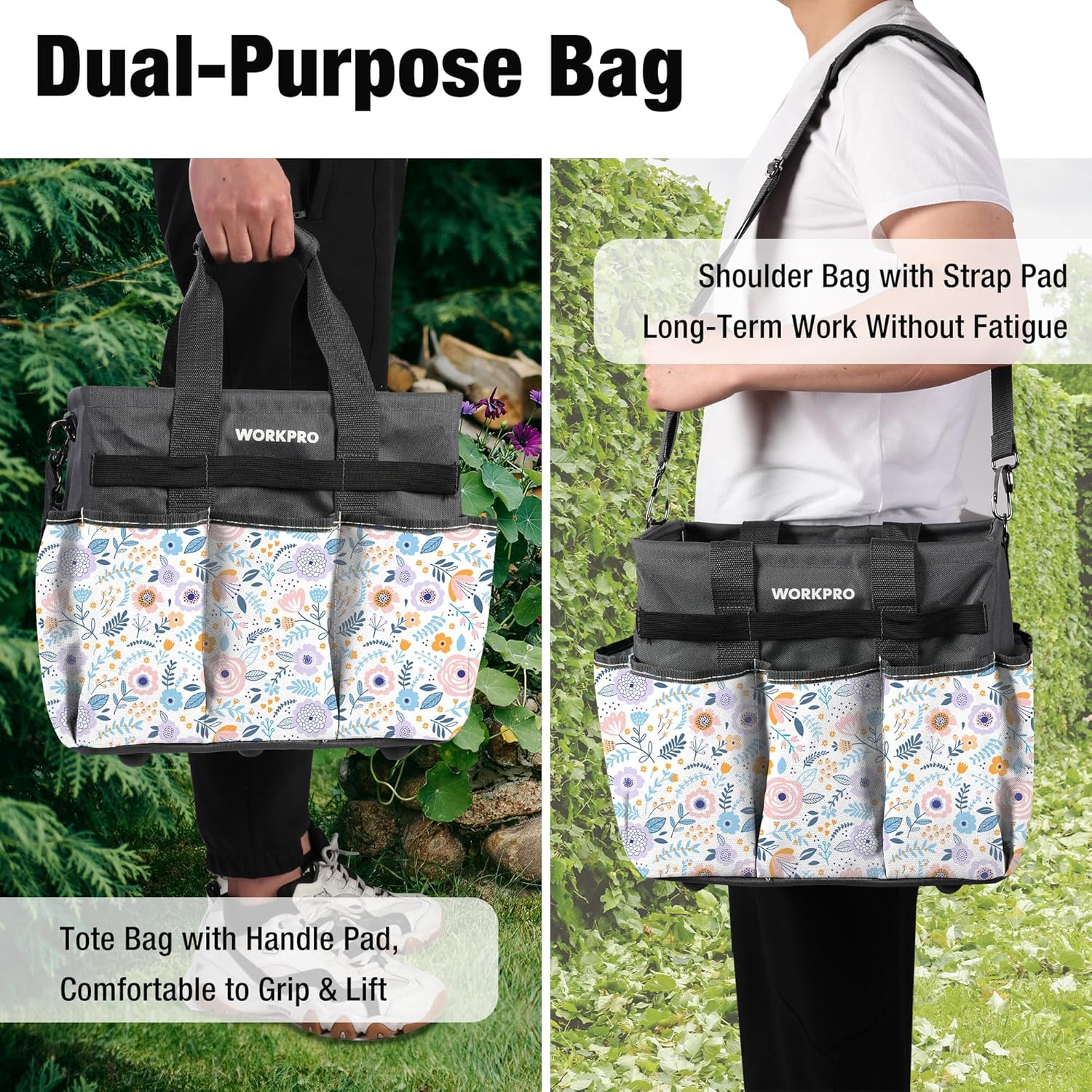 Dual-use gardening tote bag with handle pad, long shoulder strap, and organized exterior pockets.