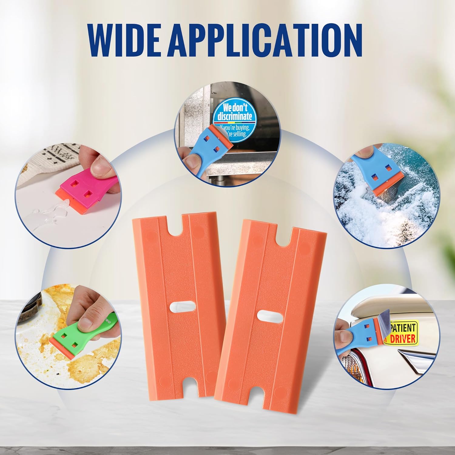 Orange plastic razor scraper blade refills, wide-use set with multiple included pieces