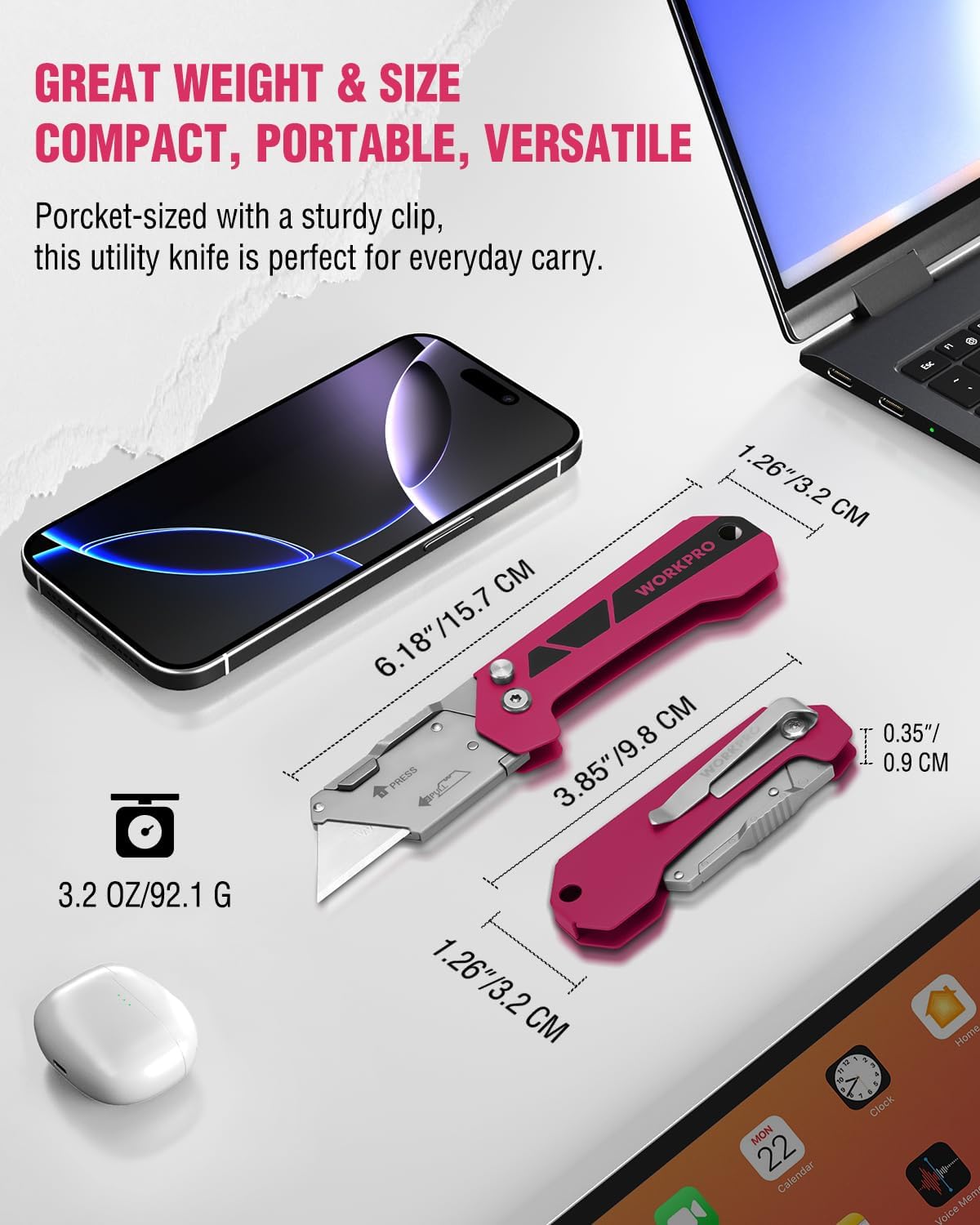 Pink folding utility knife with gray blade and belt-clip handle