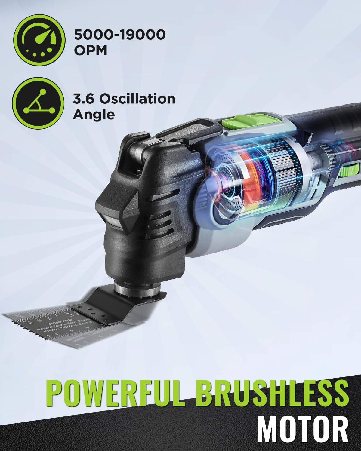 Cordless oscillating multi tool showing orbital oscillation and blade on a work surface