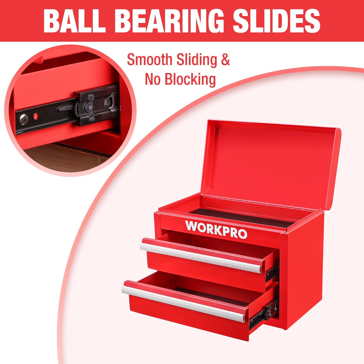 Red mini tool chest open to show ball-bearing slide drawers