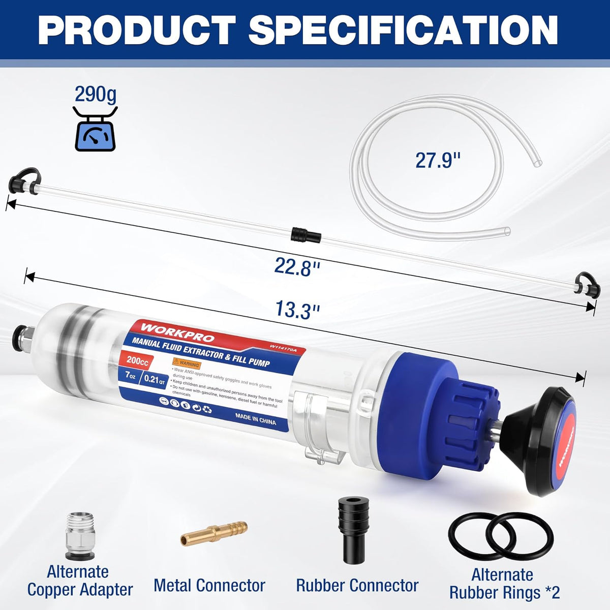 Manual fluid extractor pump with blue grip, clear cylinder, black end cap and hose attachments