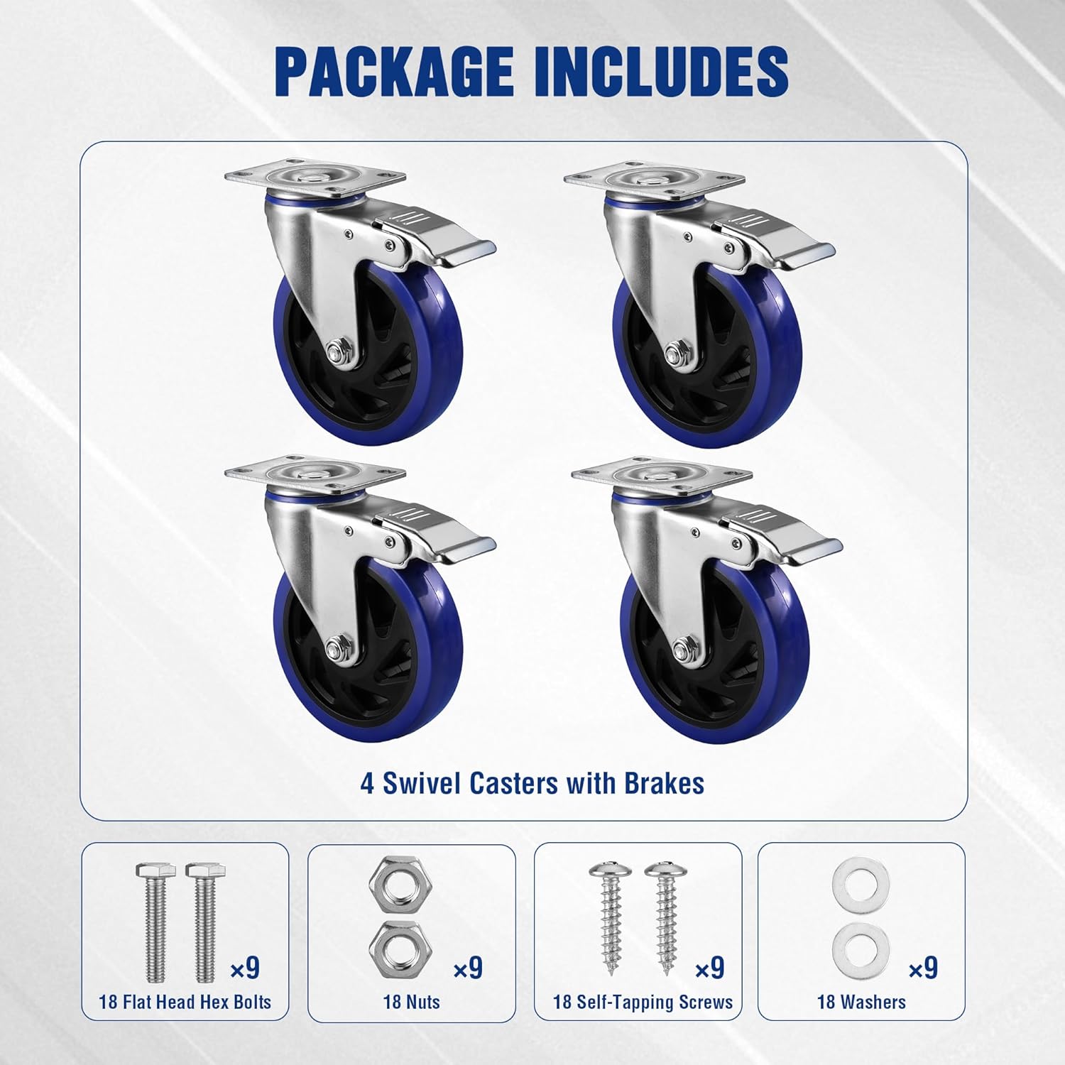 Set of 4 swivel caster wheels with brakes plus mounting bolts, nuts, and washers