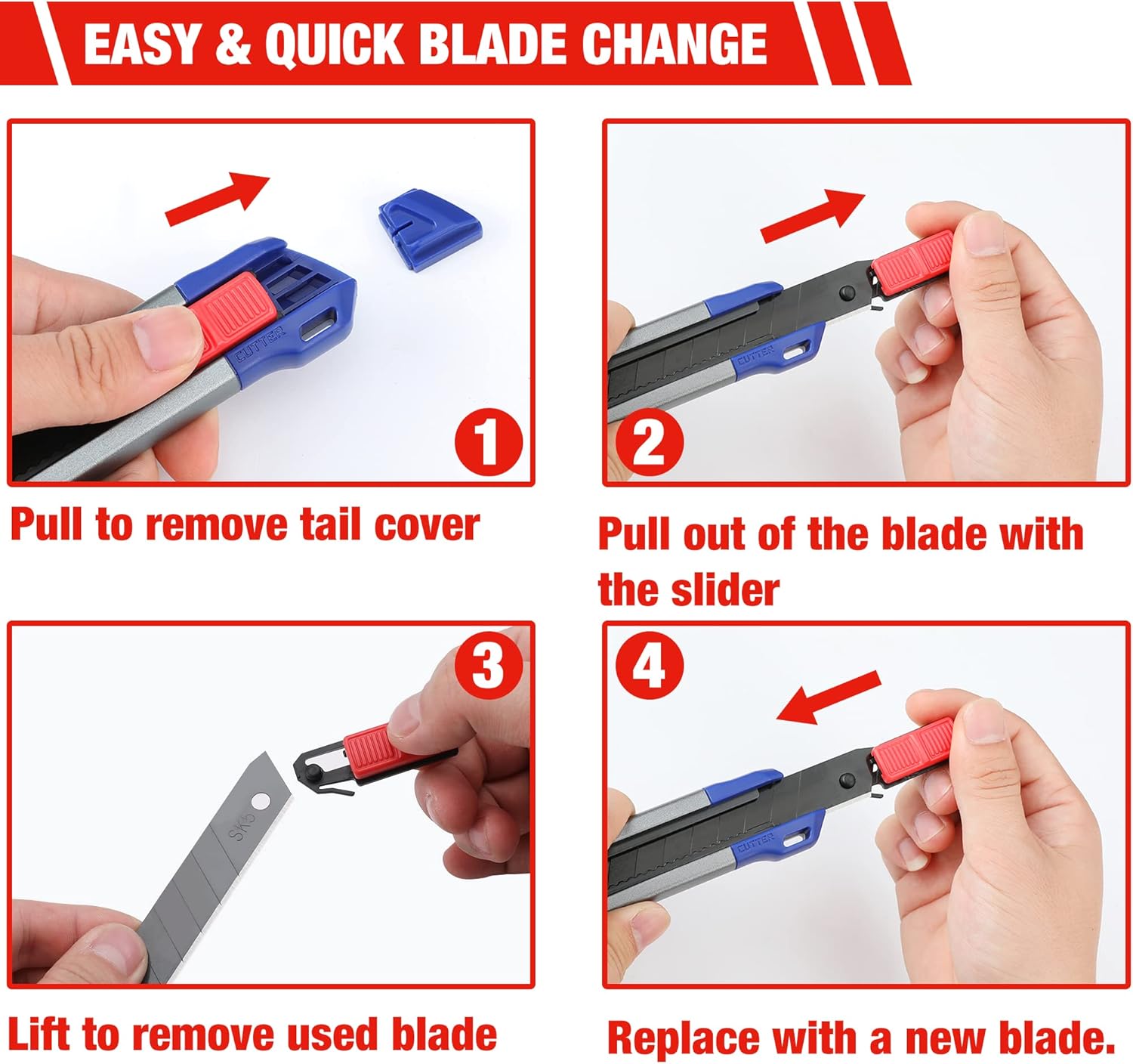 Retractable utility knife with slide cover removed for quick snap-off blade replacement