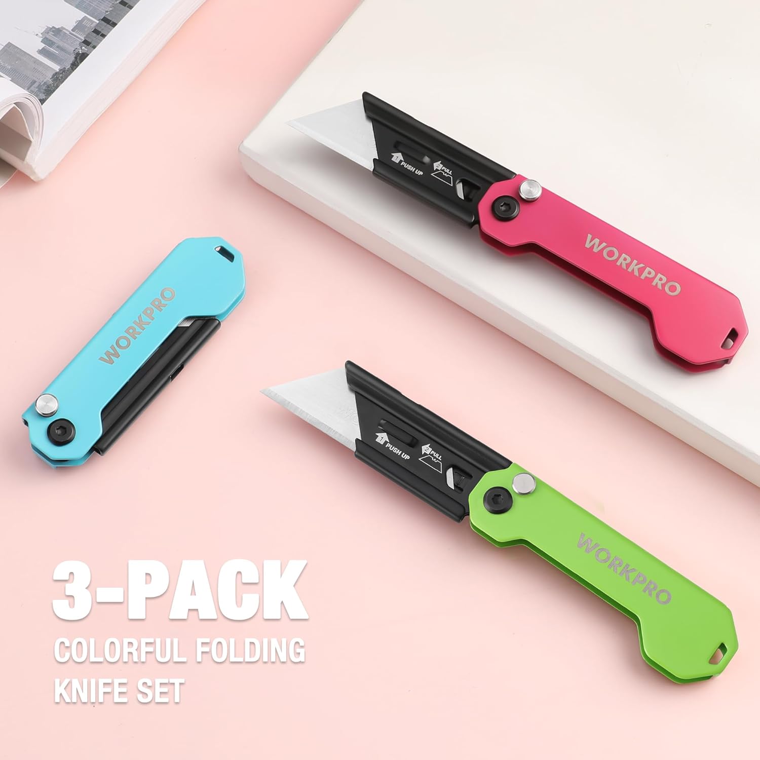 3-pack colorful folding utility knives: green, blue, and pink with black blades