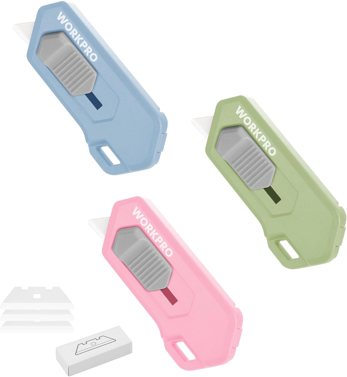 Set of blue, green, and pink safety box cutters with spare blade storage