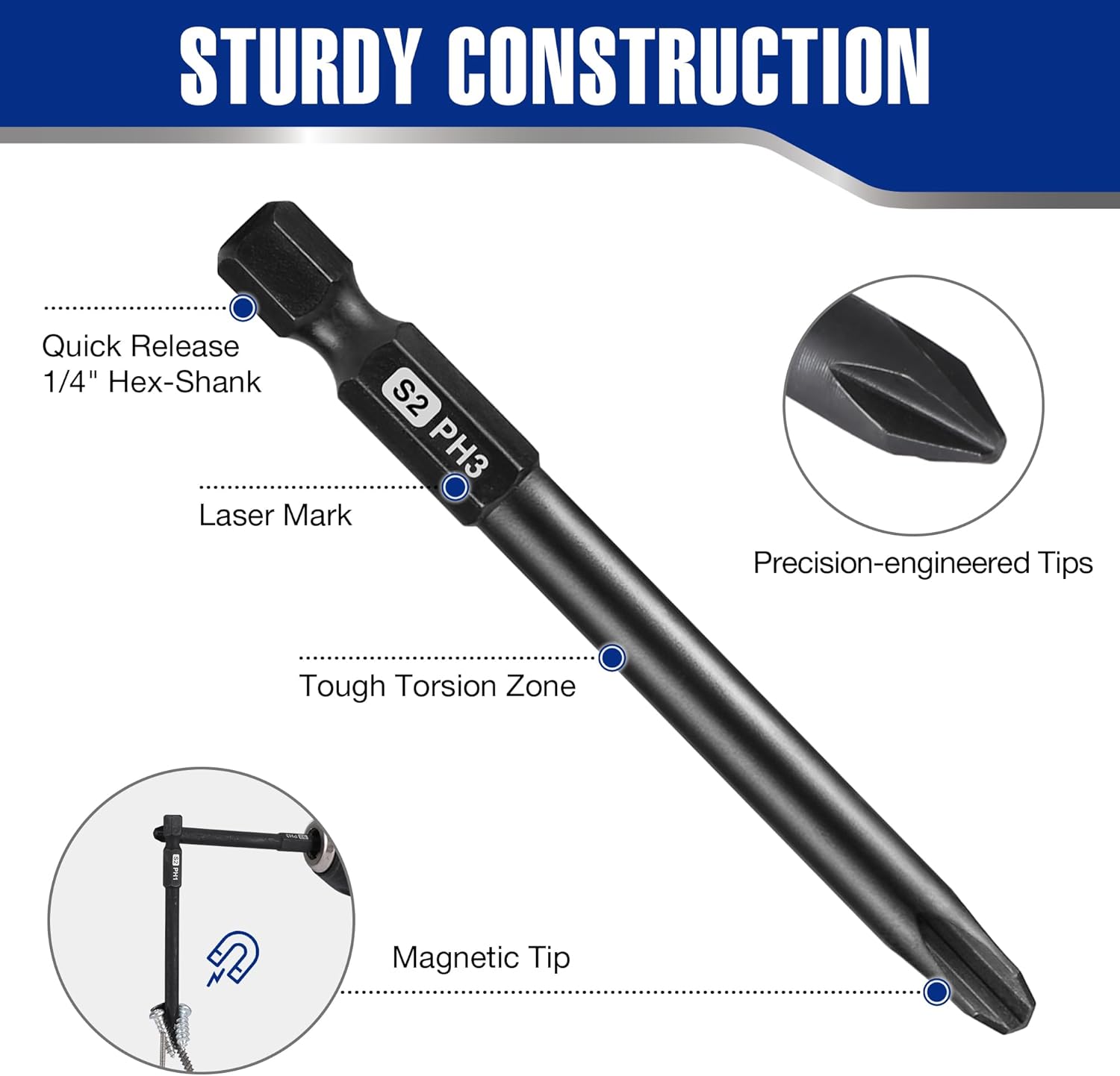 Black S2 PH3 magnetic screwdriver bit with 1/4-inch hex shank and precision tip