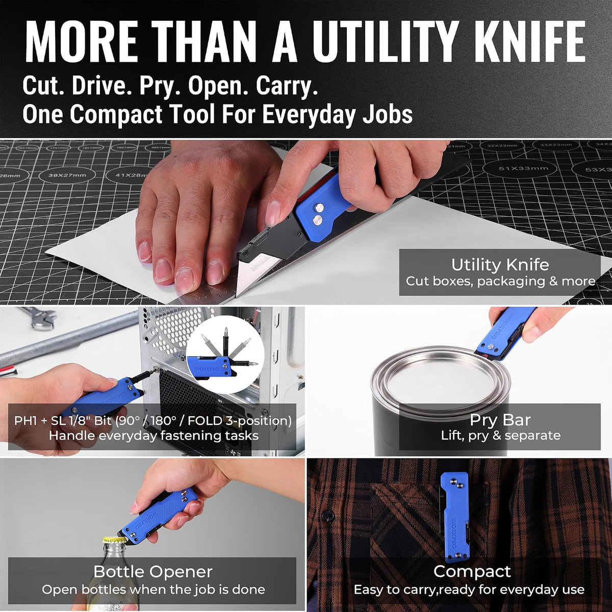 WORKPRO CNC Machined Utility Knife with extra 10 Blades, G10 Blue Handle