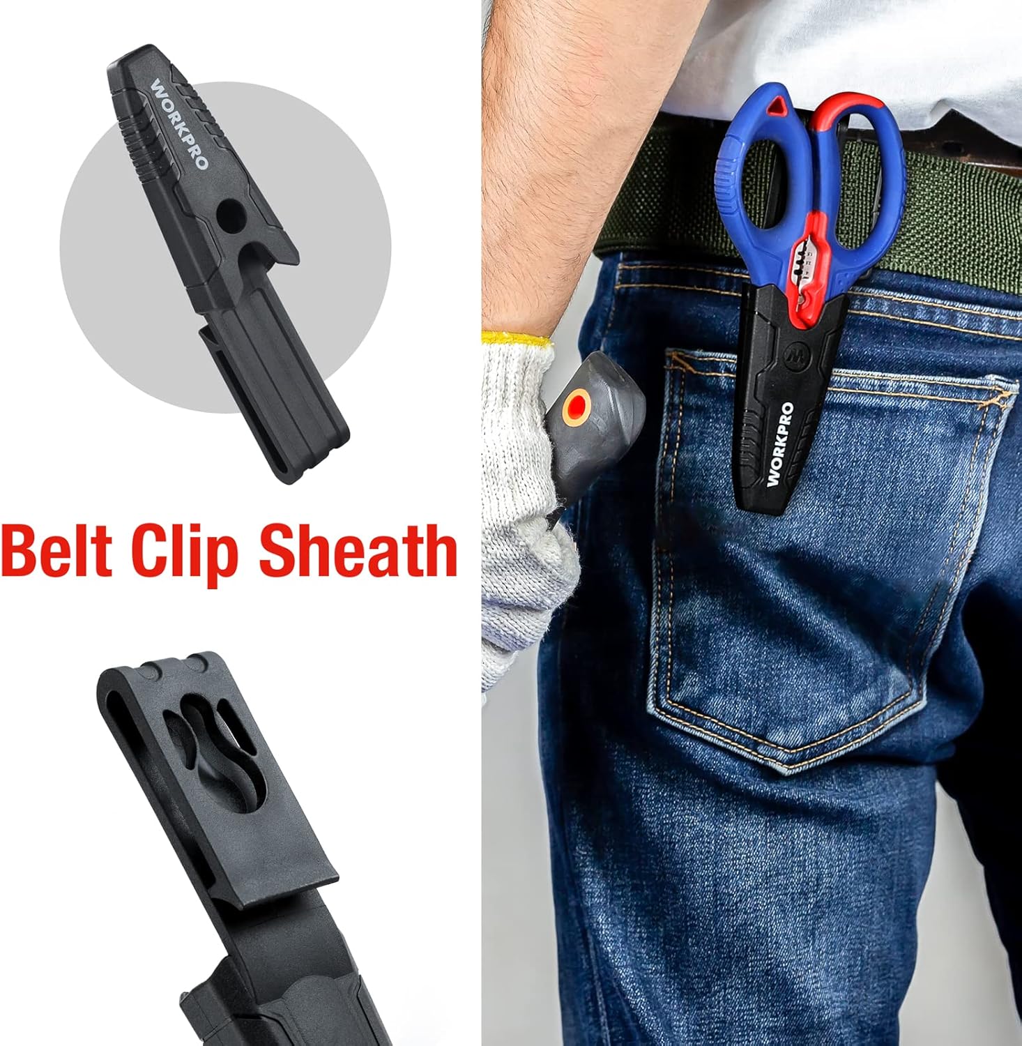 Belt clip sheath and electrician shears, blue and red handles, stainless blades