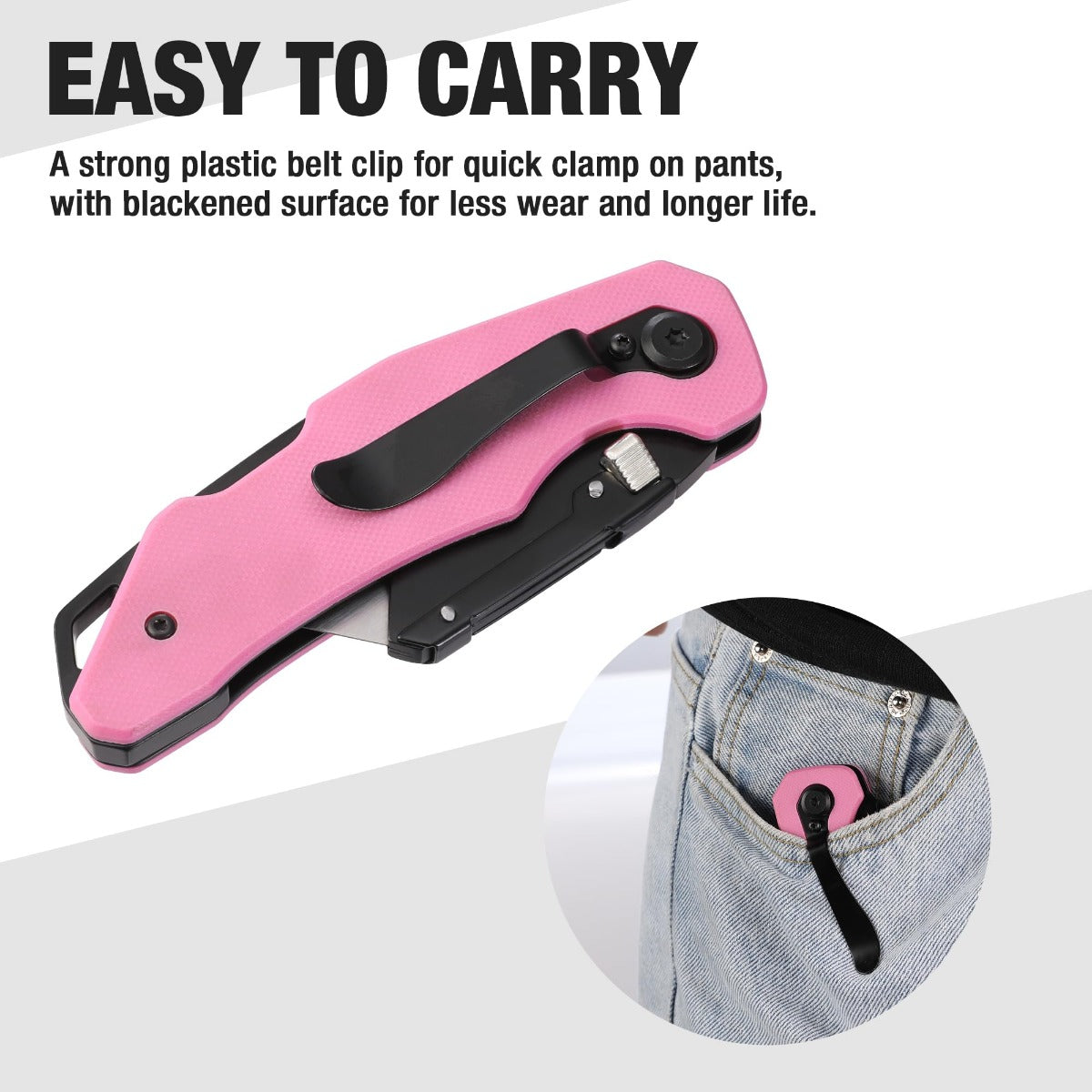 Pink G10 folding utility knife with black belt clip for easy carrying