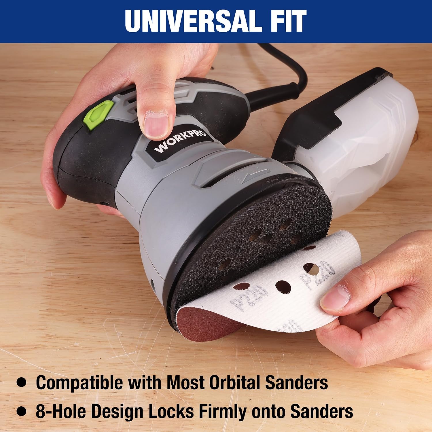 8-hole hook-and-loop sanding disc being fitted onto orbital sander