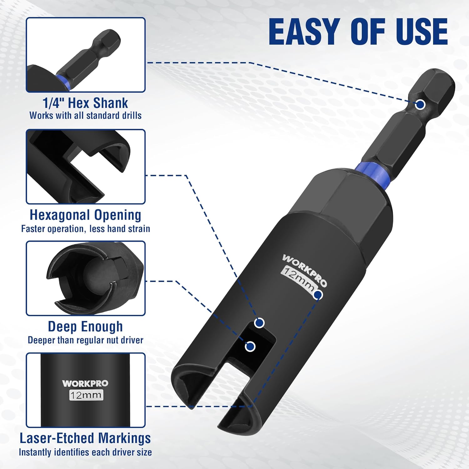 Wing nut driver bit with 1/4 hex shank, black socket body and blue collar