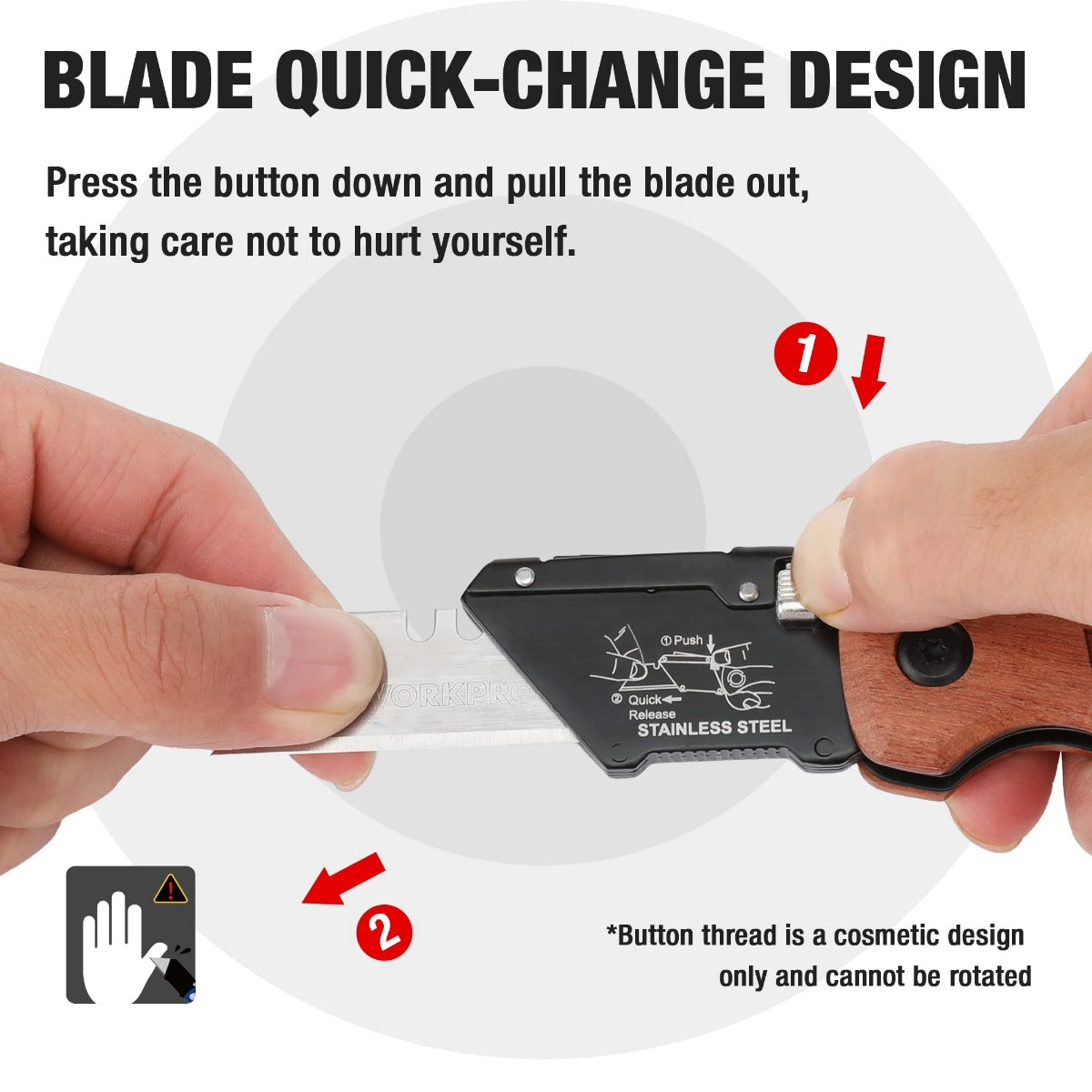 Folding utility knife with wood handle and quick-change blade release, held by hand