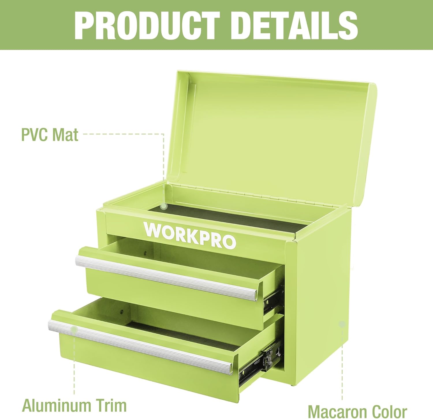 WORKPRO macaron green mini toolbox with open lid, two drawers, PVC mat drawer liner