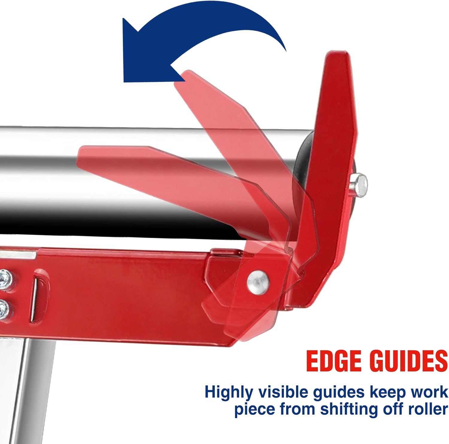Red edge guides on a folding roller stand, with roller bar and side handle attachment
