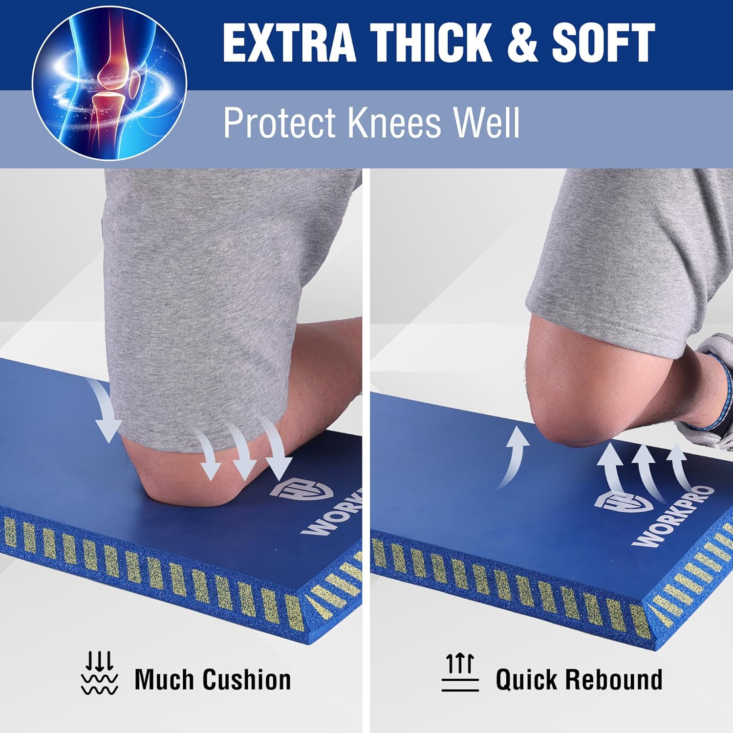 Blue kneeling pad with extra-thick, soft foam cushioning for knee protection.
