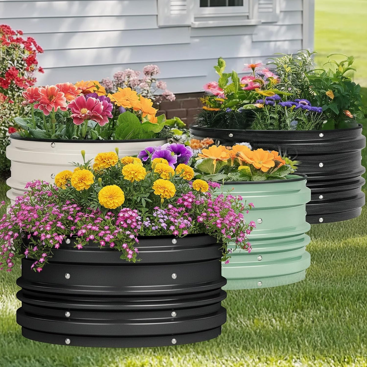 Outdoor raised garden beds in black, green, and light gray with colorful flowers