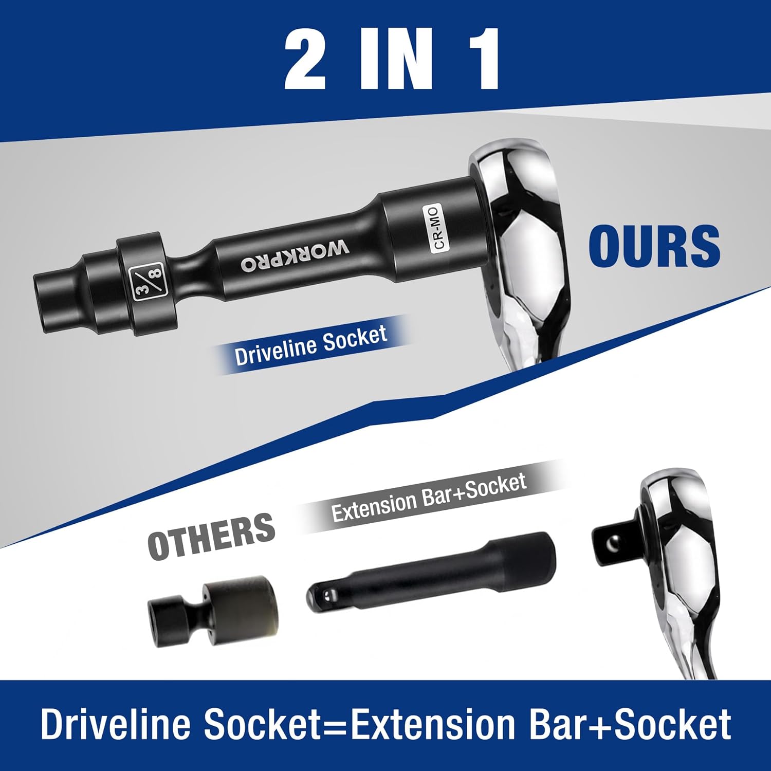 Black driveline socket with extension bar and swiveling head