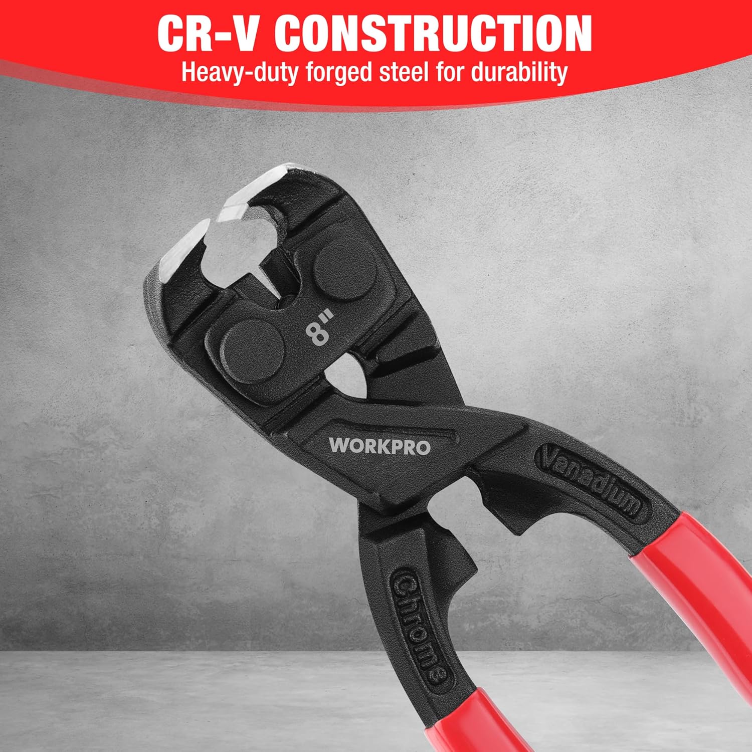 8-inch cutting pliers with black CR-V steel body and red comfort grip handles