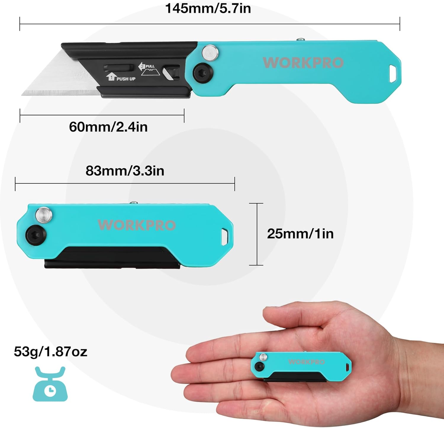 Turquoise folding utility knife with black blade, compact pocket size